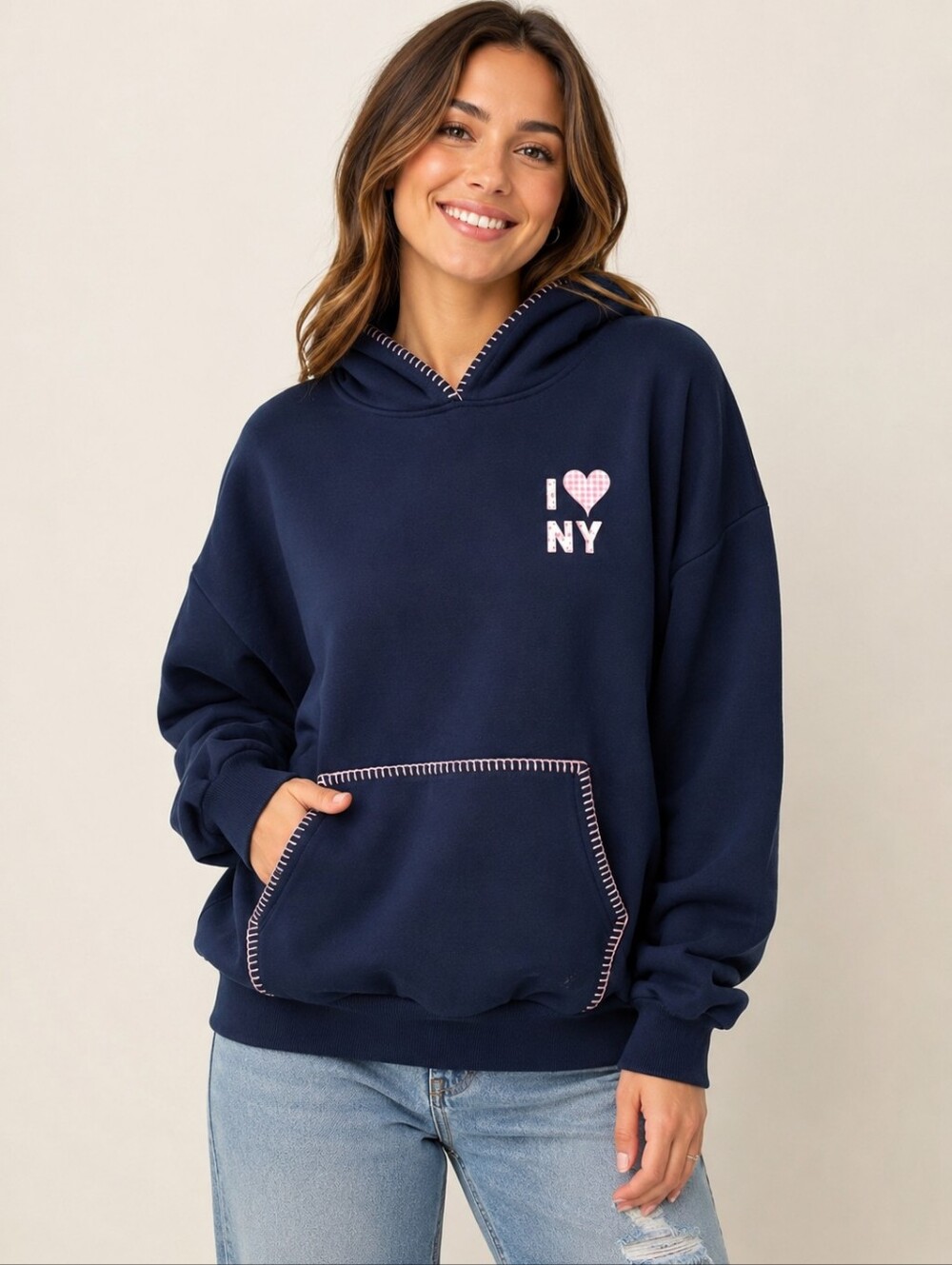 Justify I Love NY Teddy Bear Graphic Whipstitch Navy Hoodie Size L